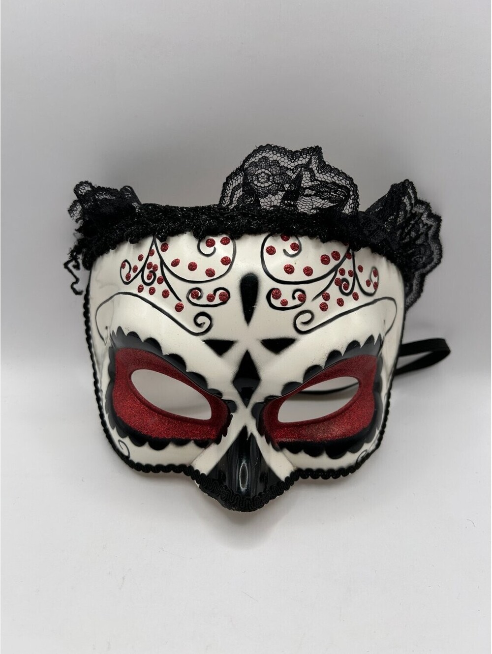 Dia De Los Muertos Sugar Skull Masquerade Mask Black Lace Red Glitter Eyes